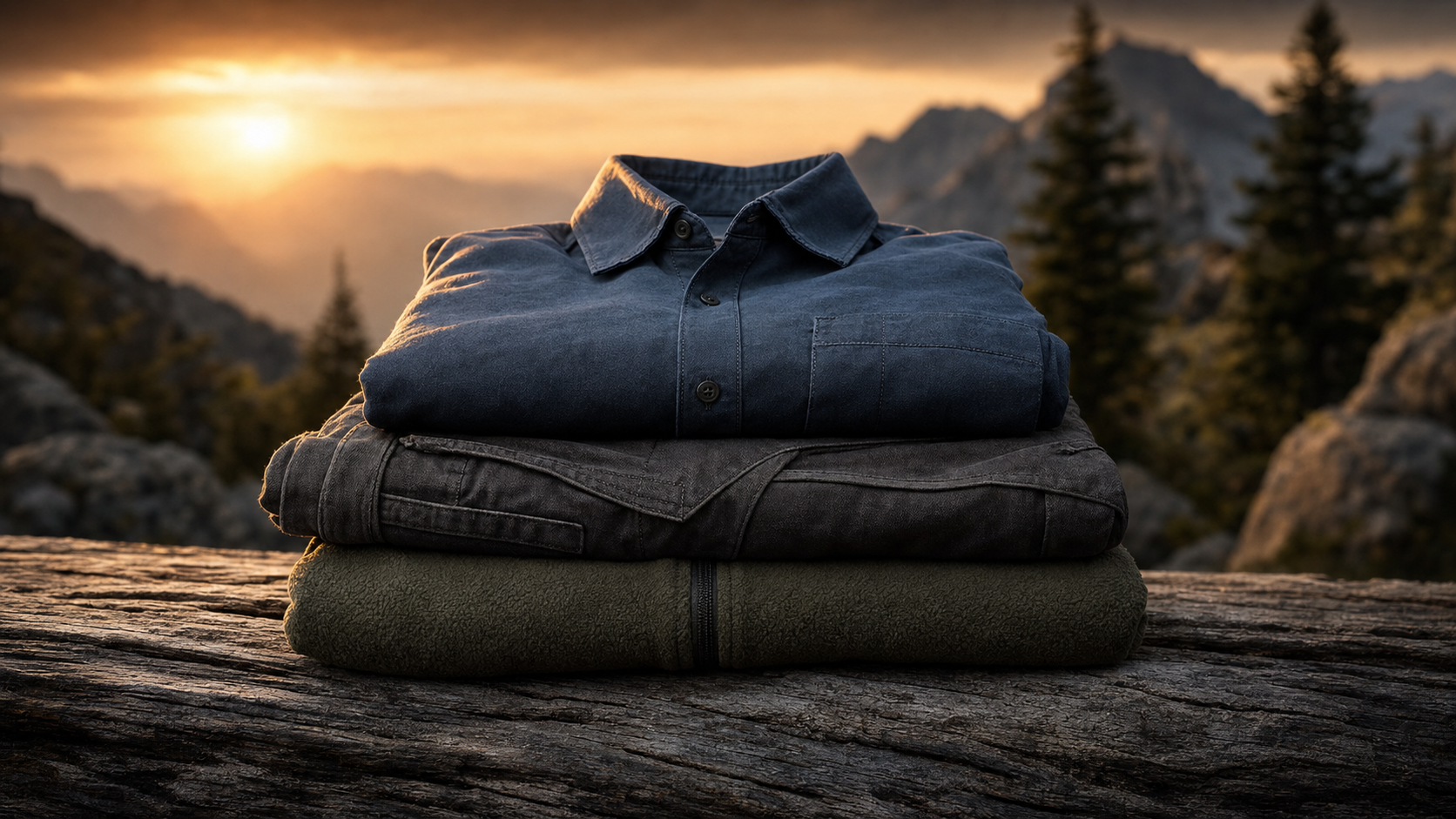 Folded outdoor apparel stacked on weathered wood at golden hour