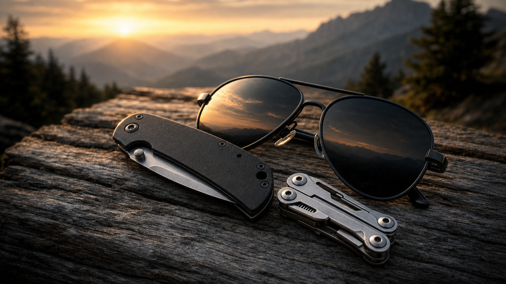 Folding knife, aviator sunglasses and multitool on weathered wood at sunset