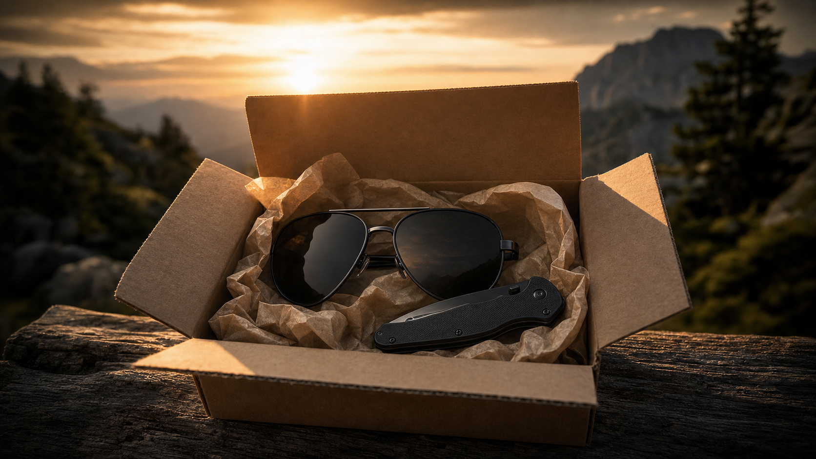 Freshly opened shipping box with new knife and sunglasses inside