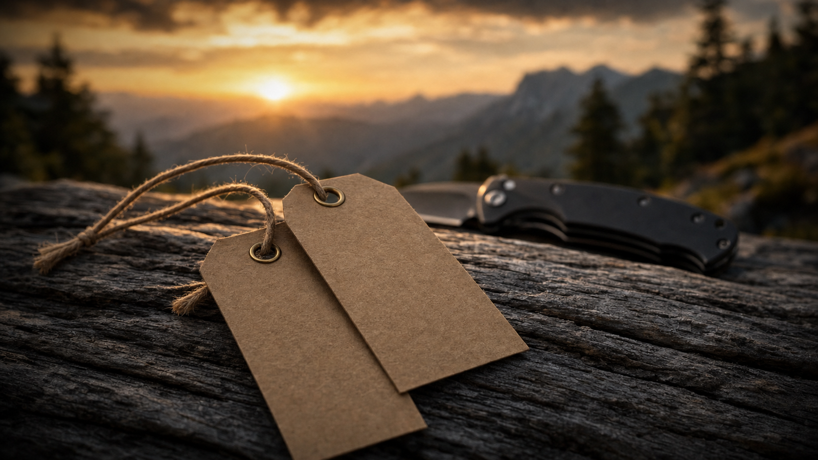 Blank kraft price tags with twine on weathered wood beside a folding knife